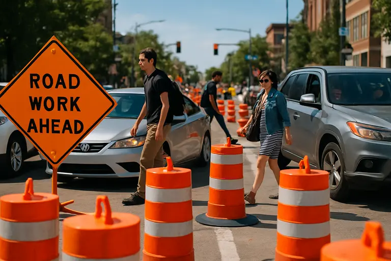 Urban intersection with crosswalks, medians, and neighborhood traffic
