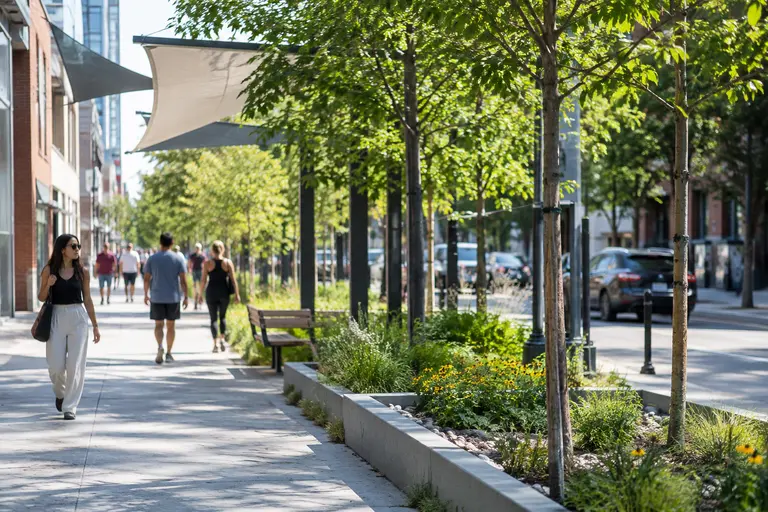 City sidewalk with young trees, shade elements, and people walking nearby