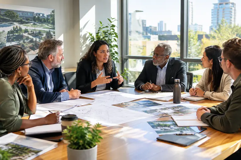Community meeting room with infrastructure plans spread across a table