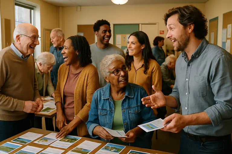 Community members reading school facility documents at a table