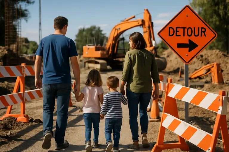 Neighborhood street with temporary construction cones near a sidewalk