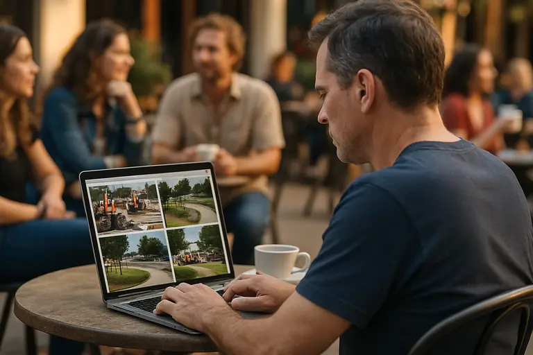 Resident reviewing printed public works notices at a table
