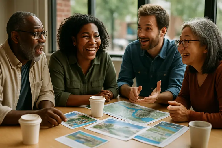 Residents reviewing maps and public project documents at a meeting table