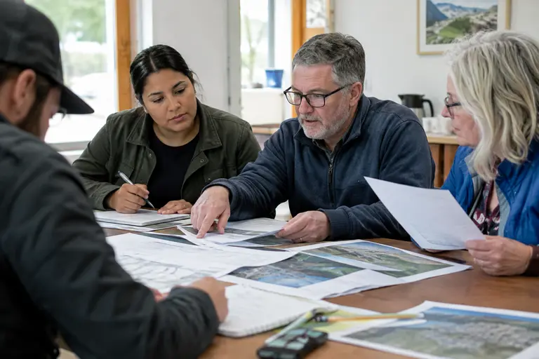 Residents reviewing printed agenda pages and parcel information at a table