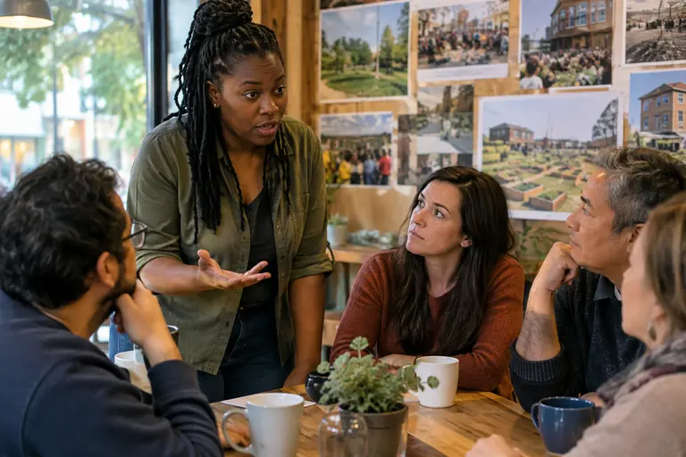 Residents reviewing printed meeting materials at a public table