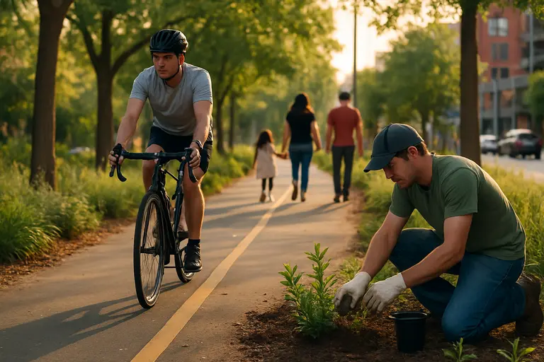 Shared-use path near trees and a drainage corridor in an urban neighborhood