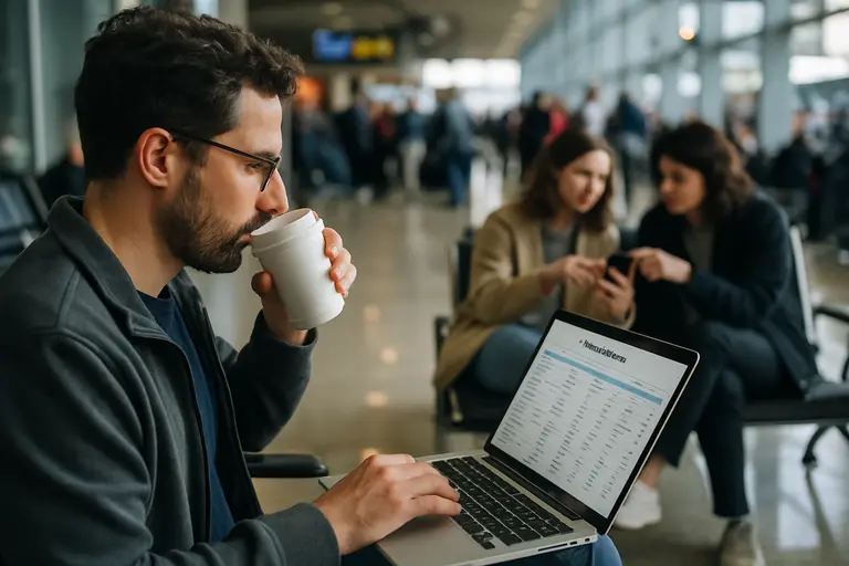 Traveler checking airport information on a phone beside luggage